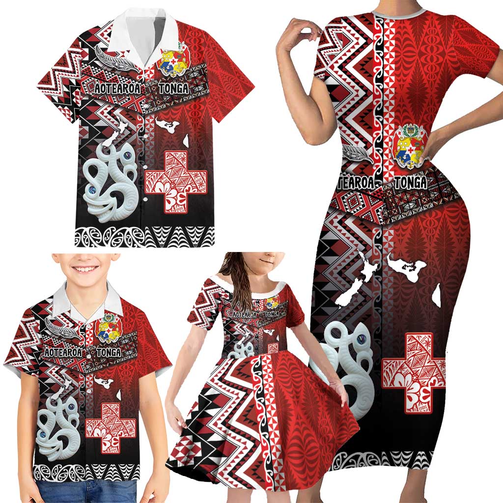 Personalised Aotearoa and Tonga Together Family Matching Short Sleeve Bodycon Dress and Hawaiian Shirt Manaia and Tongan Tribal Cross - Taniko and Ngatu Art Tattoo LT03 - Polynesian Pride