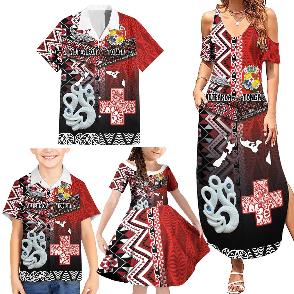 Personalised Aotearoa and Tonga Together Family Matching Summer Maxi Dress and Hawaiian Shirt Manaia and Tongan Tribal Cross - Taniko and Ngatu Art Tattoo LT03 - Polynesian Pride