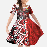 Personalised Aotearoa and Tonga Together Family Matching Tank Maxi Dress and Hawaiian Shirt Manaia and Tongan Tribal Cross - Taniko and Ngatu Art Tattoo LT03 Daughter's Dress Red - Polynesian Pride