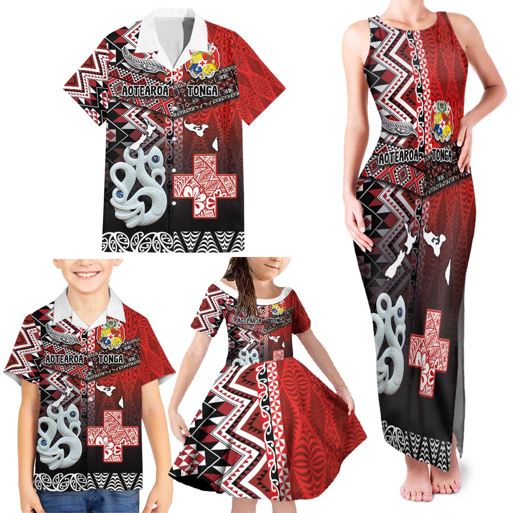Personalised Aotearoa and Tonga Together Family Matching Tank Maxi Dress and Hawaiian Shirt Manaia and Tongan Tribal Cross - Taniko and Ngatu Art Tattoo LT03 - Polynesian Pride