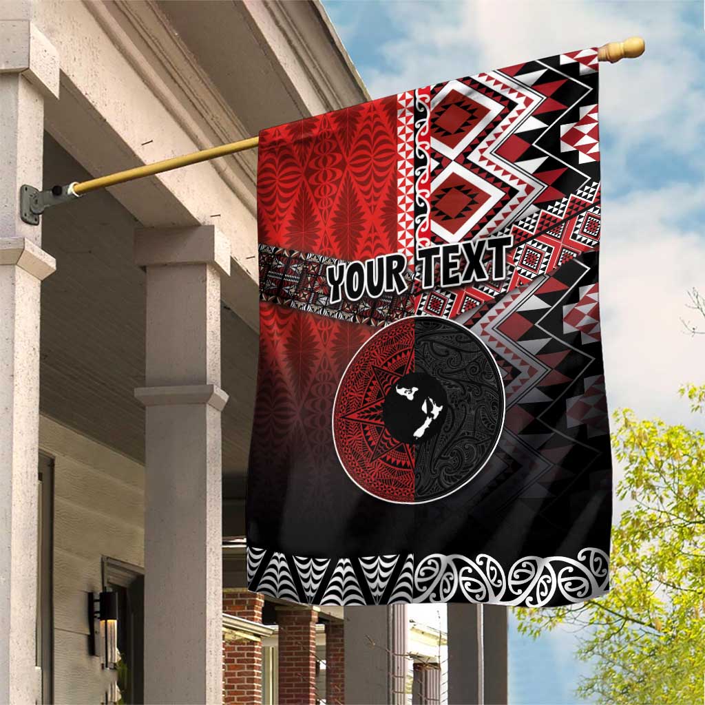 Personalised Aotearoa and Tonga Together Garden Flag Manaia and Tongan Tribal Cross - Taniko and Ngatu Art Tattoo LT03 House Flag Red - Polynesian Pride