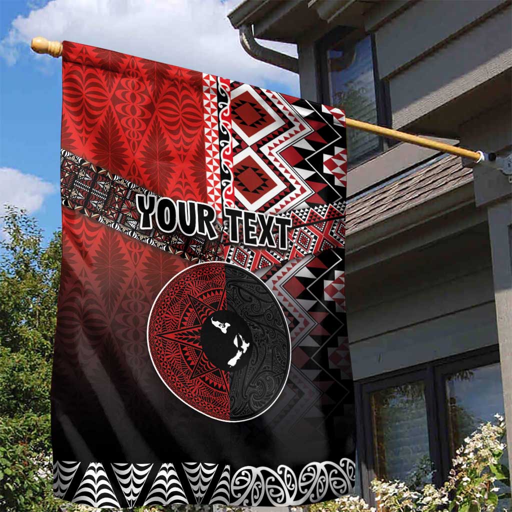 Personalised Aotearoa and Tonga Together Garden Flag Manaia and Tongan Tribal Cross - Taniko and Ngatu Art Tattoo LT03 - Polynesian Pride
