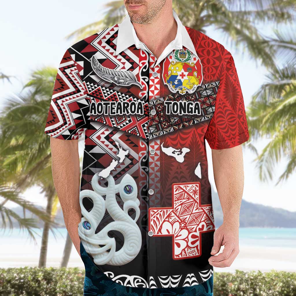 Personalised Aotearoa and Tonga Together Hawaiian Shirt Manaia and Tongan Tribal Cross - Taniko and Ngatu Art Tattoo LT03 - Polynesian Pride