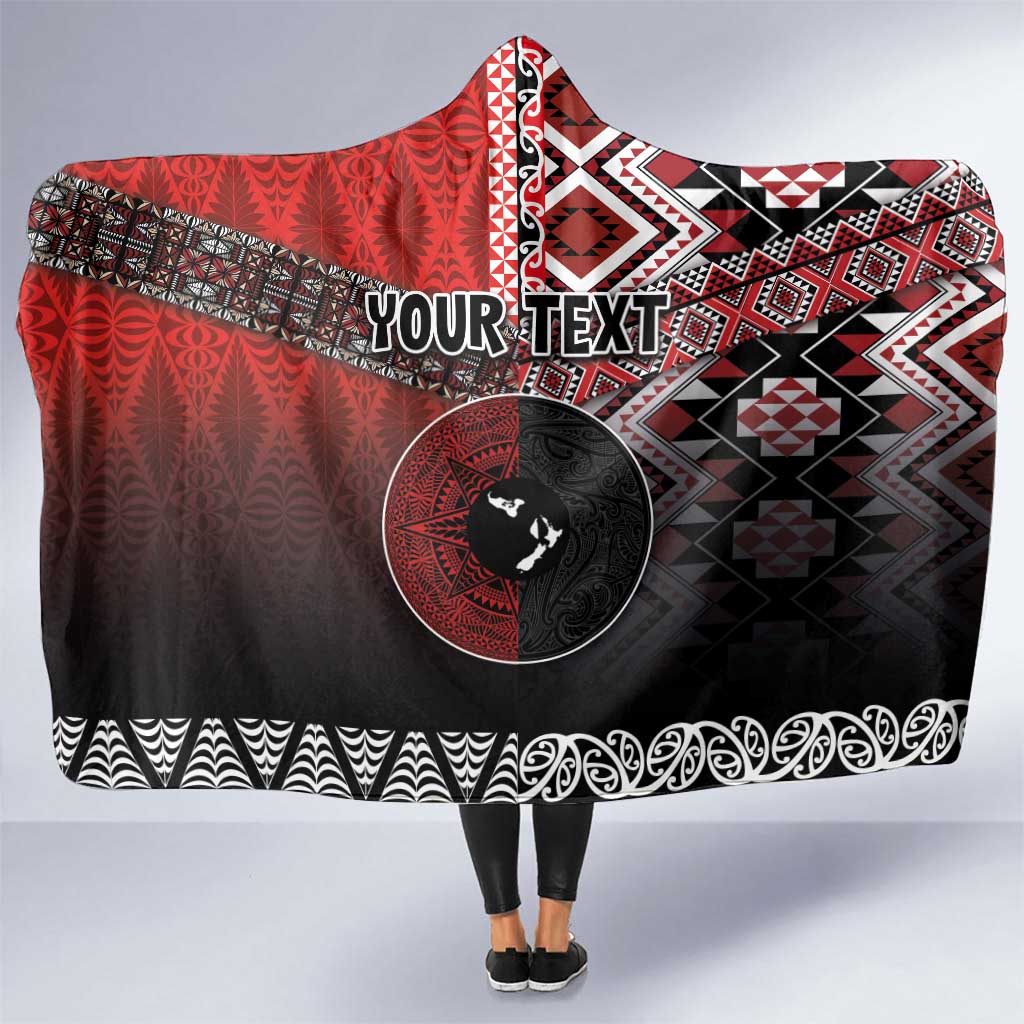 Personalised Aotearoa and Tonga Together Hooded Blanket Manaia and Tongan Tribal Cross - Taniko and Ngatu Art Tattoo LT03 One Size Red - Polynesian Pride