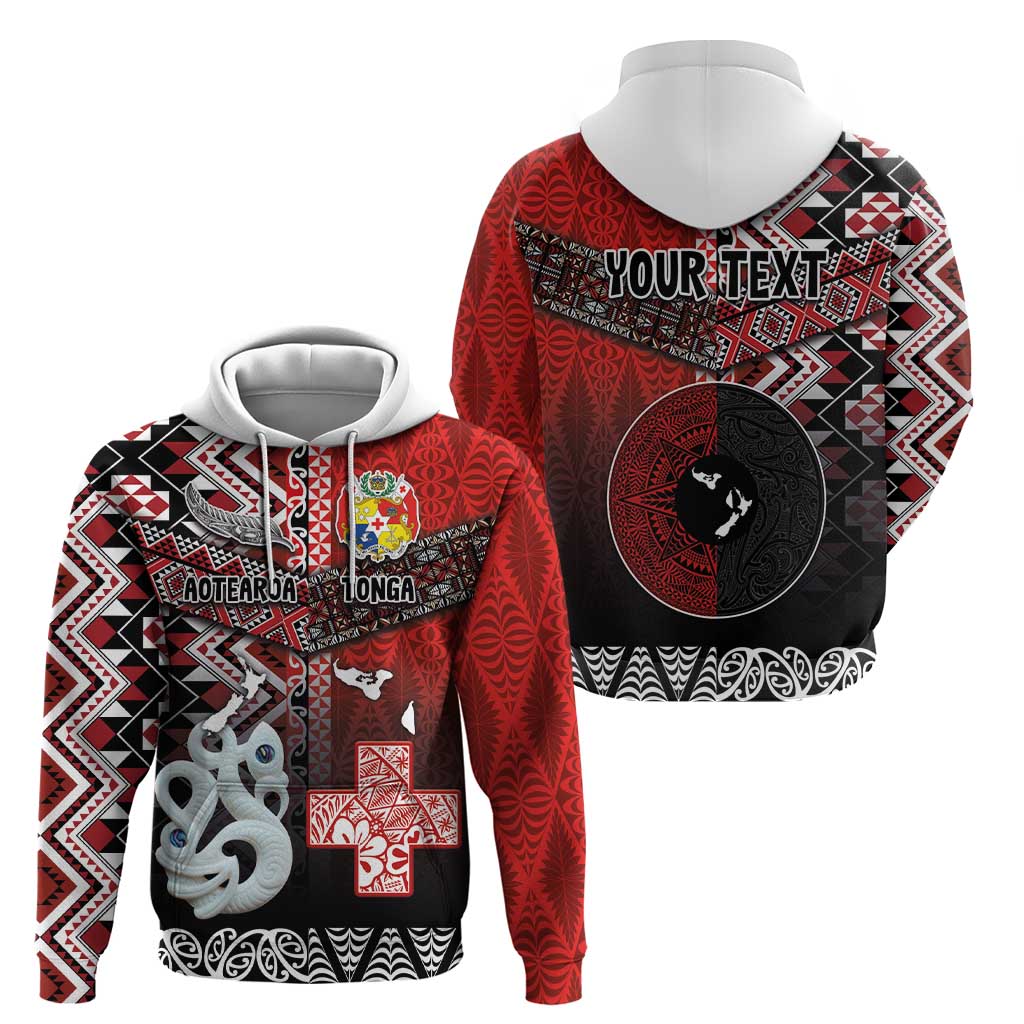 Personalised Aotearoa and Tonga Together Hoodie Manaia and Tongan Tribal Cross - Taniko and Ngatu Art Tattoo LT03 - Polynesian Pride