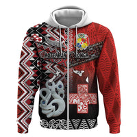 Personalised Aotearoa and Tonga Together Hoodie Manaia and Tongan Tribal Cross - Taniko and Ngatu Art Tattoo LT03 Zip Hoodie Red - Polynesian Pride