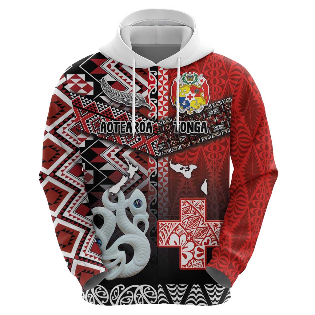 Personalised Aotearoa and Tonga Together Hoodie Manaia and Tongan Tribal Cross - Taniko and Ngatu Art Tattoo LT03 - Polynesian Pride