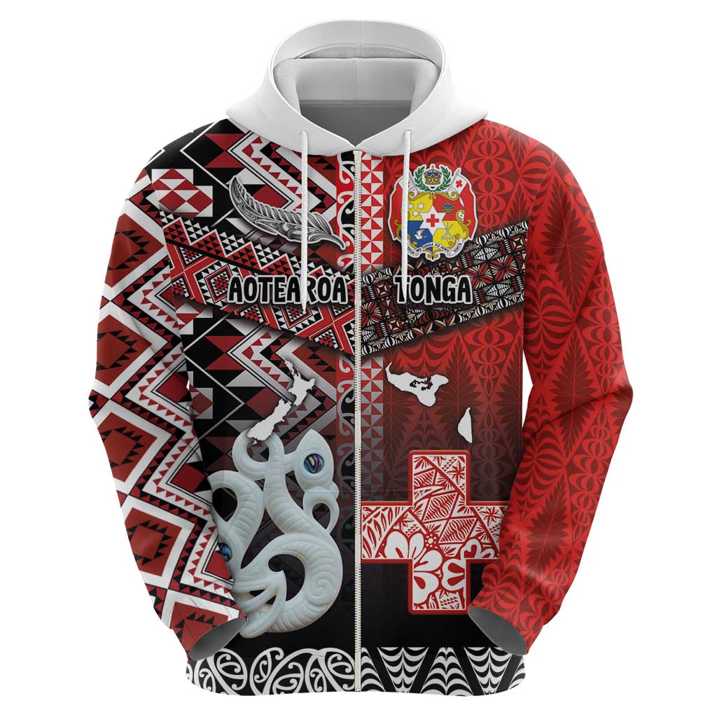 Personalised Aotearoa and Tonga Together Hoodie Manaia and Tongan Tribal Cross - Taniko and Ngatu Art Tattoo LT03 - Polynesian Pride