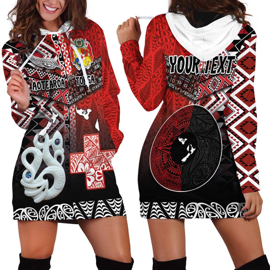 Personalised Aotearoa and Tonga Together Hoodie Dress Manaia and Tongan Tribal Cross - Taniko and Ngatu Art Tattoo LT03 - Polynesian Pride
