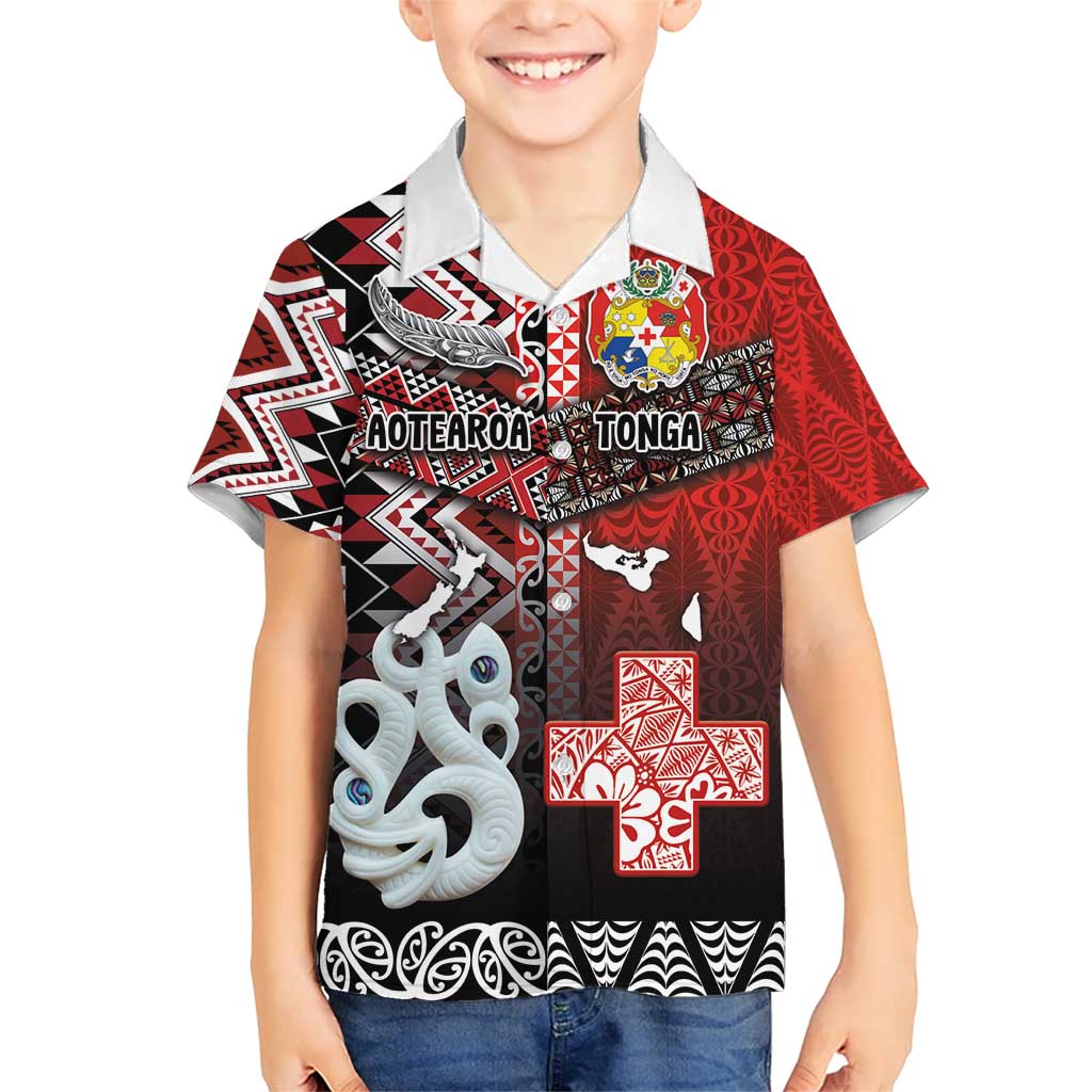 Personalised Aotearoa and Tonga Together Kid Hawaiian Shirt Manaia and Tongan Tribal Cross - Taniko and Ngatu Art Tattoo LT03 Kid Red - Polynesian Pride