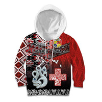 Personalised Aotearoa and Tonga Together Kid Hoodie Manaia and Tongan Tribal Cross - Taniko and Ngatu Art Tattoo LT03 Hoodie Red - Polynesian Pride