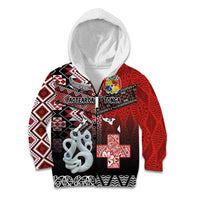 Personalised Aotearoa and Tonga Together Kid Hoodie Manaia and Tongan Tribal Cross - Taniko and Ngatu Art Tattoo LT03 Zip Hoodie Red - Polynesian Pride