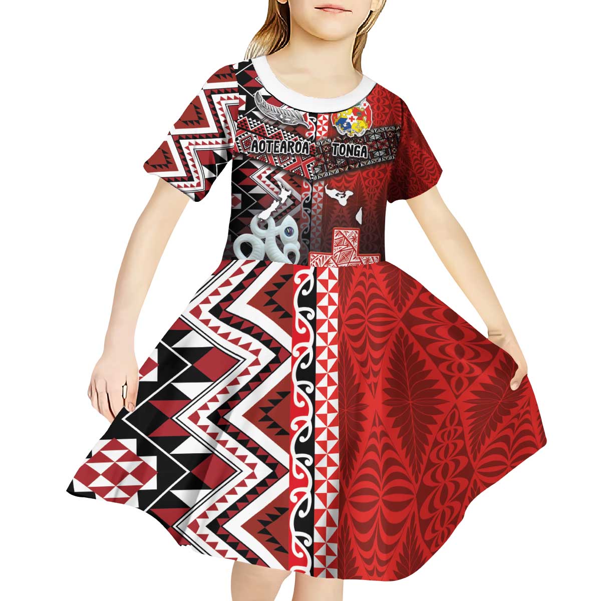 Personalised Aotearoa and Tonga Together Kid Short Sleeve Dress Manaia and Tongan Tribal Cross - Taniko and Ngatu Art Tattoo LT03 - Polynesian Pride