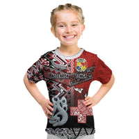Personalised Aotearoa and Tonga Together Kid T Shirt Manaia and Tongan Tribal Cross - Taniko and Ngatu Art Tattoo LT03 Red - Polynesian Pride