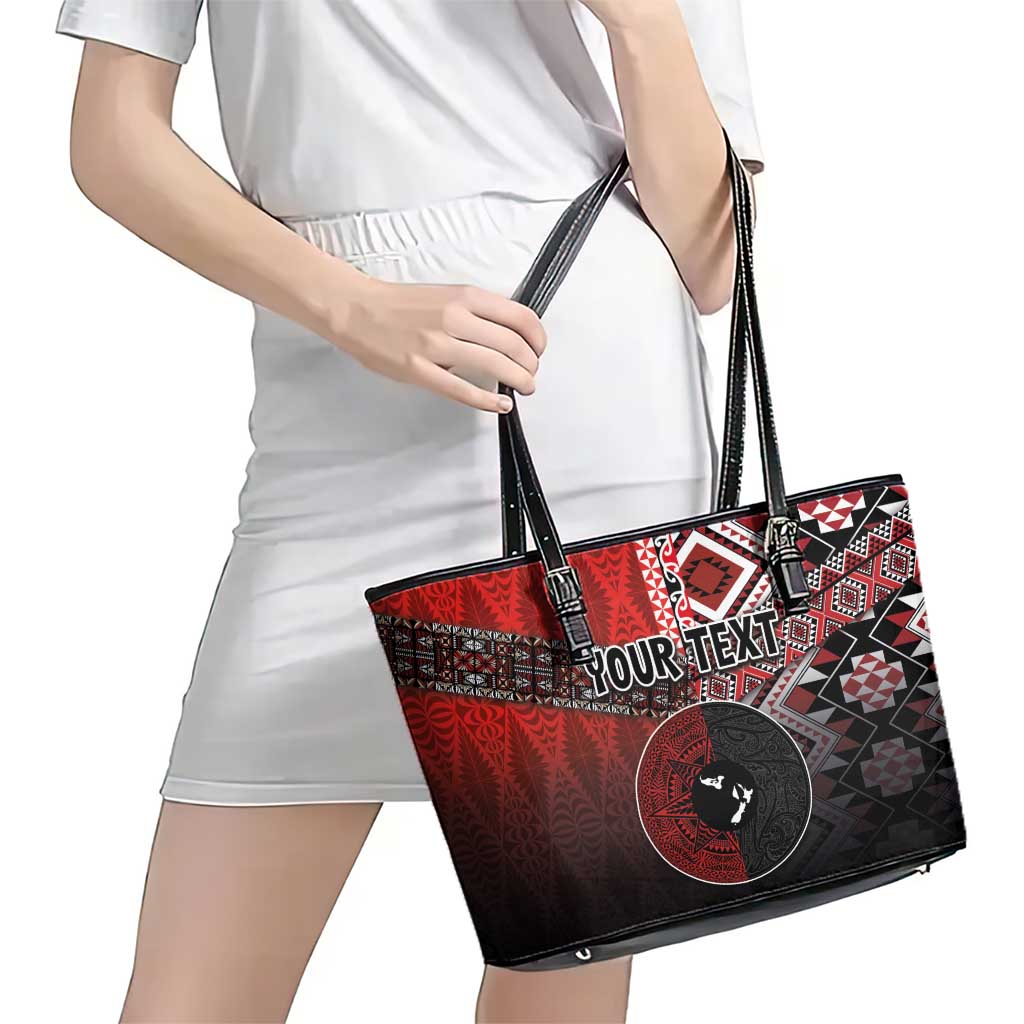 Personalised Aotearoa and Tonga Together Leather Tote Bag Manaia and Tongan Tribal Cross - Taniko and Ngatu Art Tattoo LT03 - Polynesian Pride