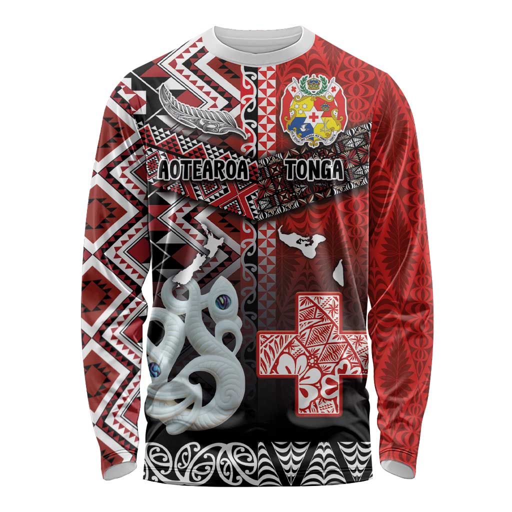 Personalised Aotearoa and Tonga Together Long Sleeve Shirt Manaia and Tongan Tribal Cross - Taniko and Ngatu Art Tattoo LT03 Unisex Red - Polynesian Pride