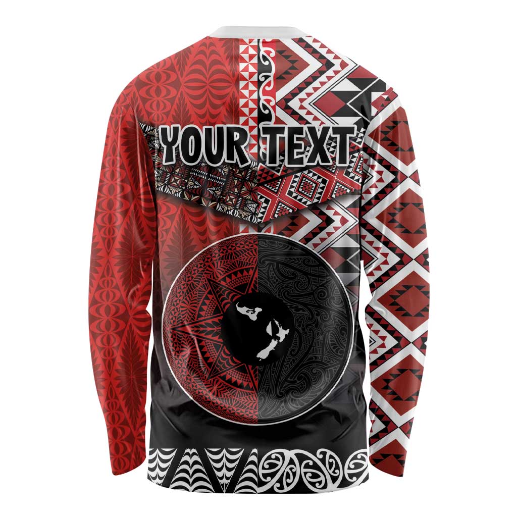 Personalised Aotearoa and Tonga Together Long Sleeve Shirt Manaia and Tongan Tribal Cross - Taniko and Ngatu Art Tattoo LT03 - Polynesian Pride
