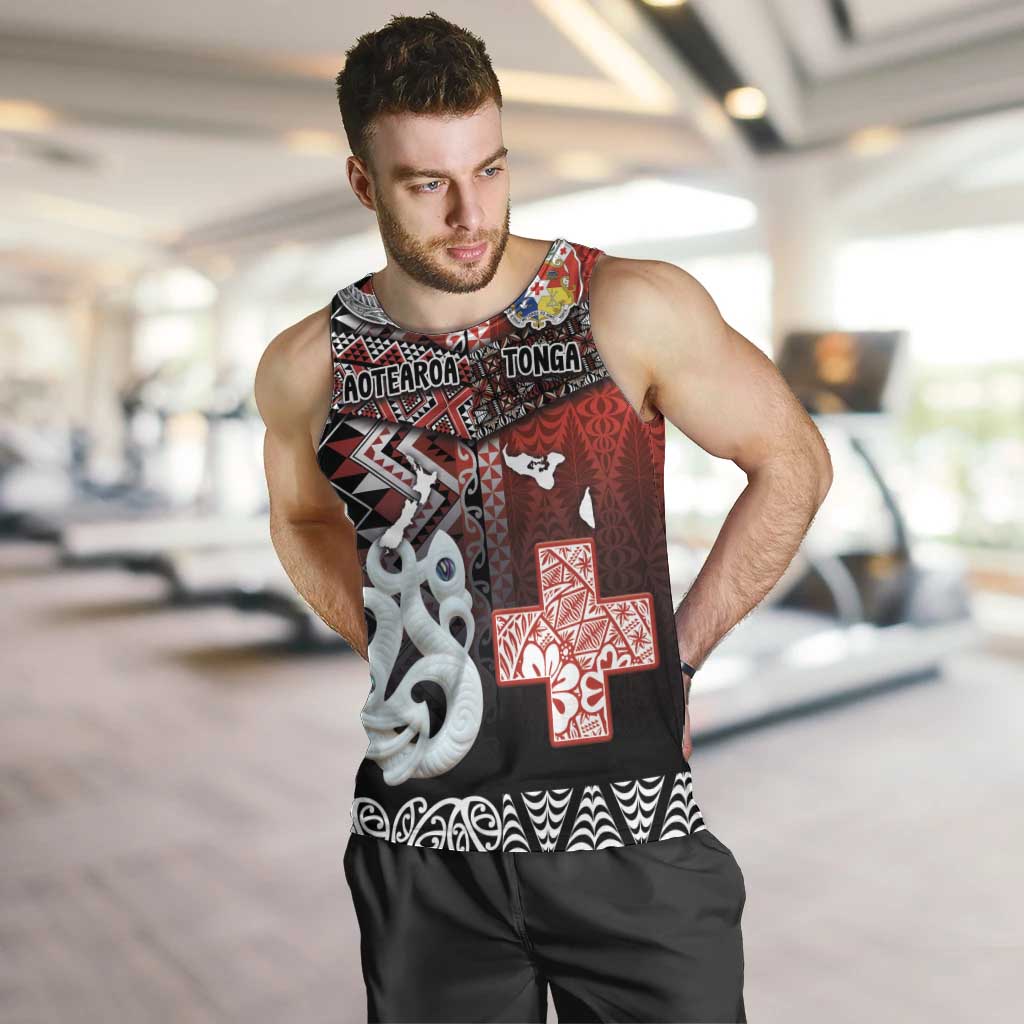 Personalised Aotearoa and Tonga Together Men Tank Top Manaia and Tongan Tribal Cross - Taniko and Ngatu Art Tattoo LT03 Red - Polynesian Pride