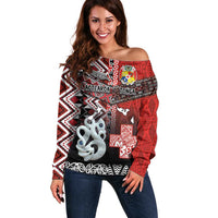 Personalised Aotearoa and Tonga Together Off Shoulder Sweater Manaia and Tongan Tribal Cross - Taniko and Ngatu Art Tattoo LT03 Women Red - Polynesian Pride