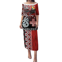 Personalised Aotearoa and Tonga Together Puletasi Manaia and Tongan Tribal Cross - Taniko and Ngatu Art Tattoo LT03 Long Dress Red - Polynesian Pride
