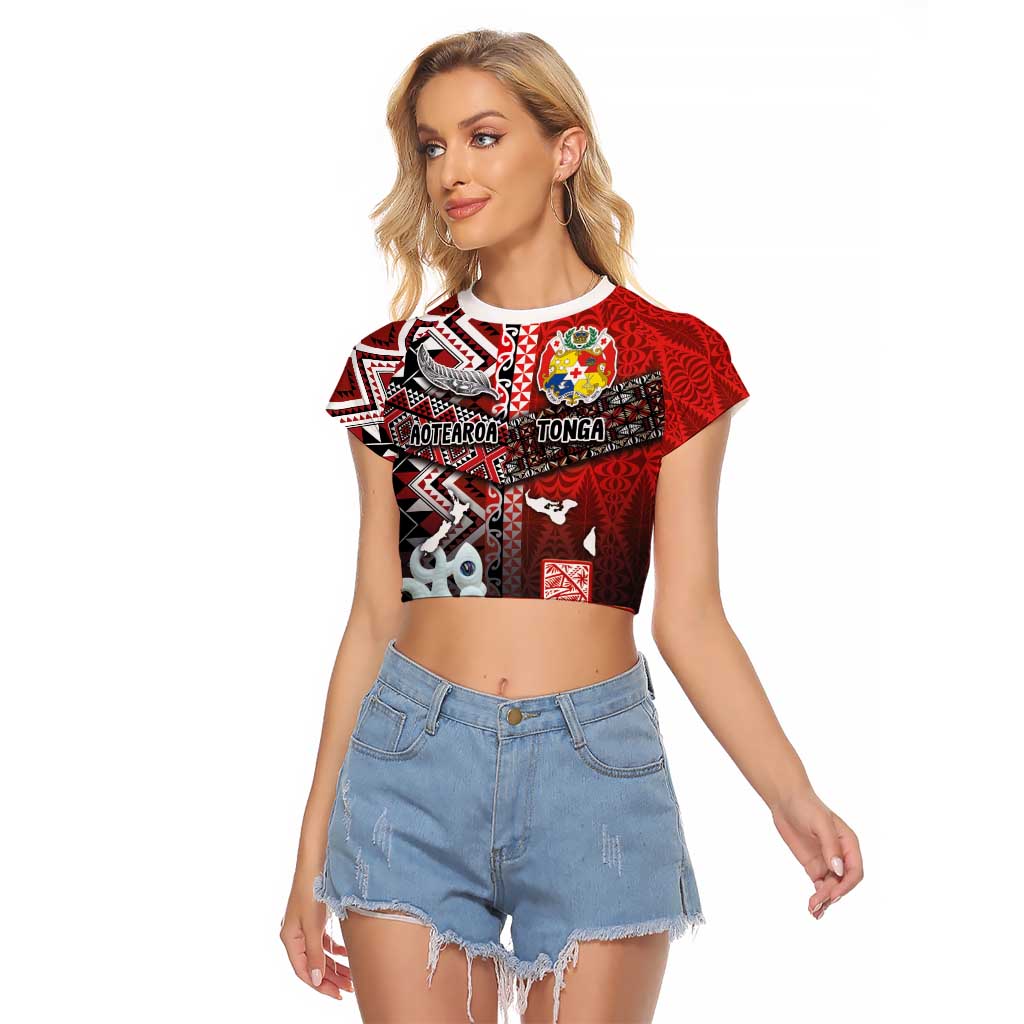 Personalised Aotearoa and Tonga Together Raglan Cropped T Shirt Manaia and Tongan Tribal Cross - Taniko and Ngatu Art Tattoo LT03 Female Red - Polynesian Pride