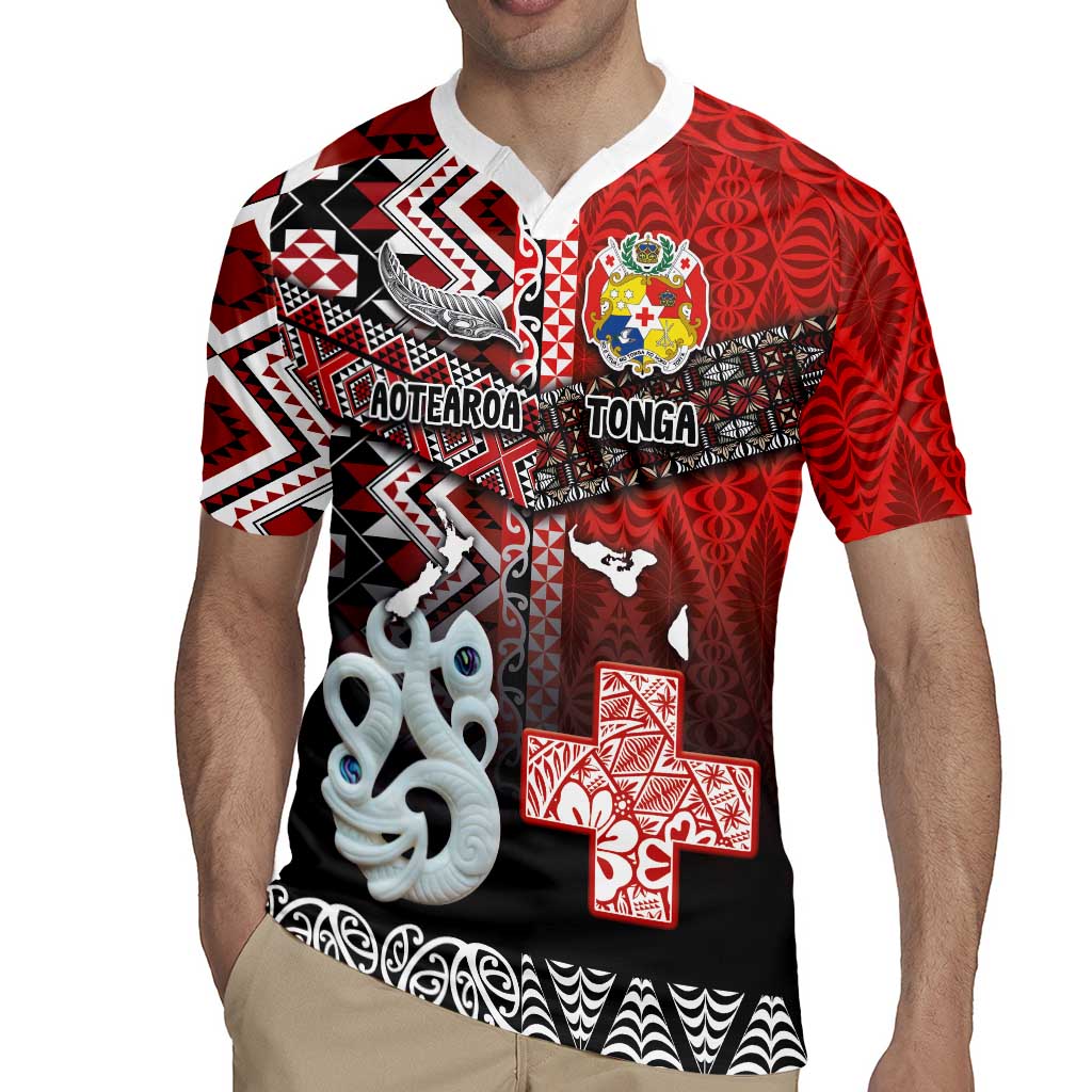 Personalised Aotearoa and Tonga Together Rugby Jersey Manaia and Tongan Tribal Cross - Taniko and Ngatu Art Tattoo LT03 - Polynesian Pride
