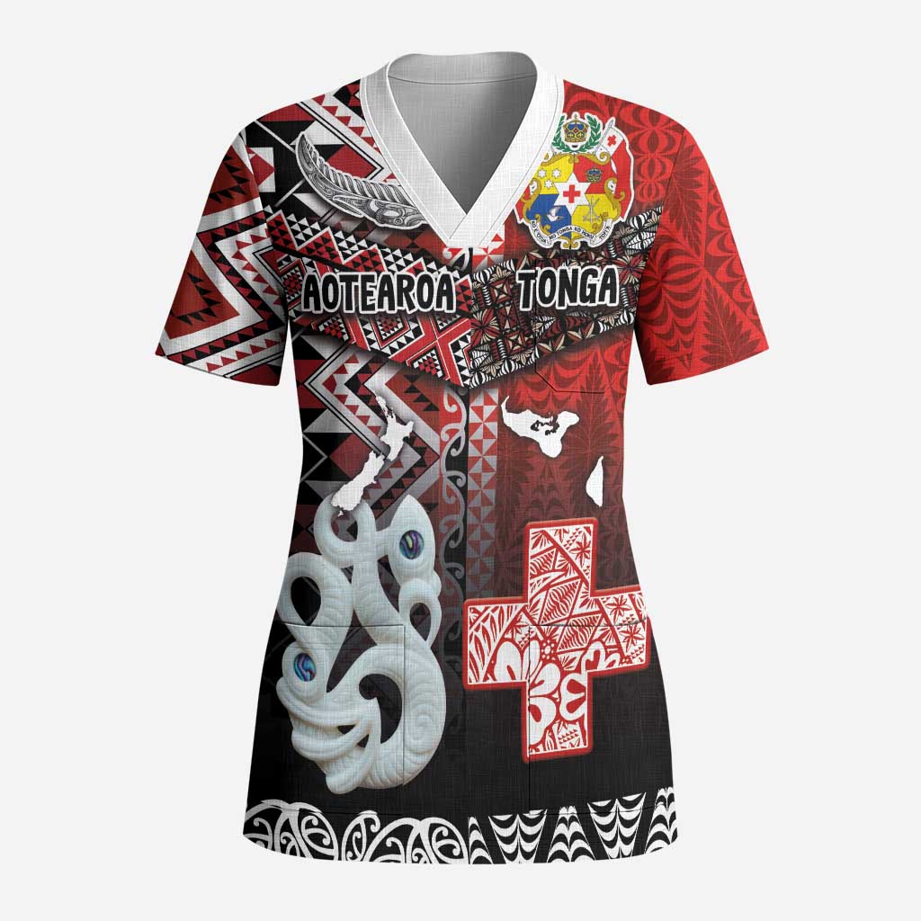 Personalised Aotearoa and Tonga Together Scrub Top Manaia and Tongan Tribal Cross - Taniko and Ngatu Art Tattoo LT03 Adult Red - Polynesian Pride