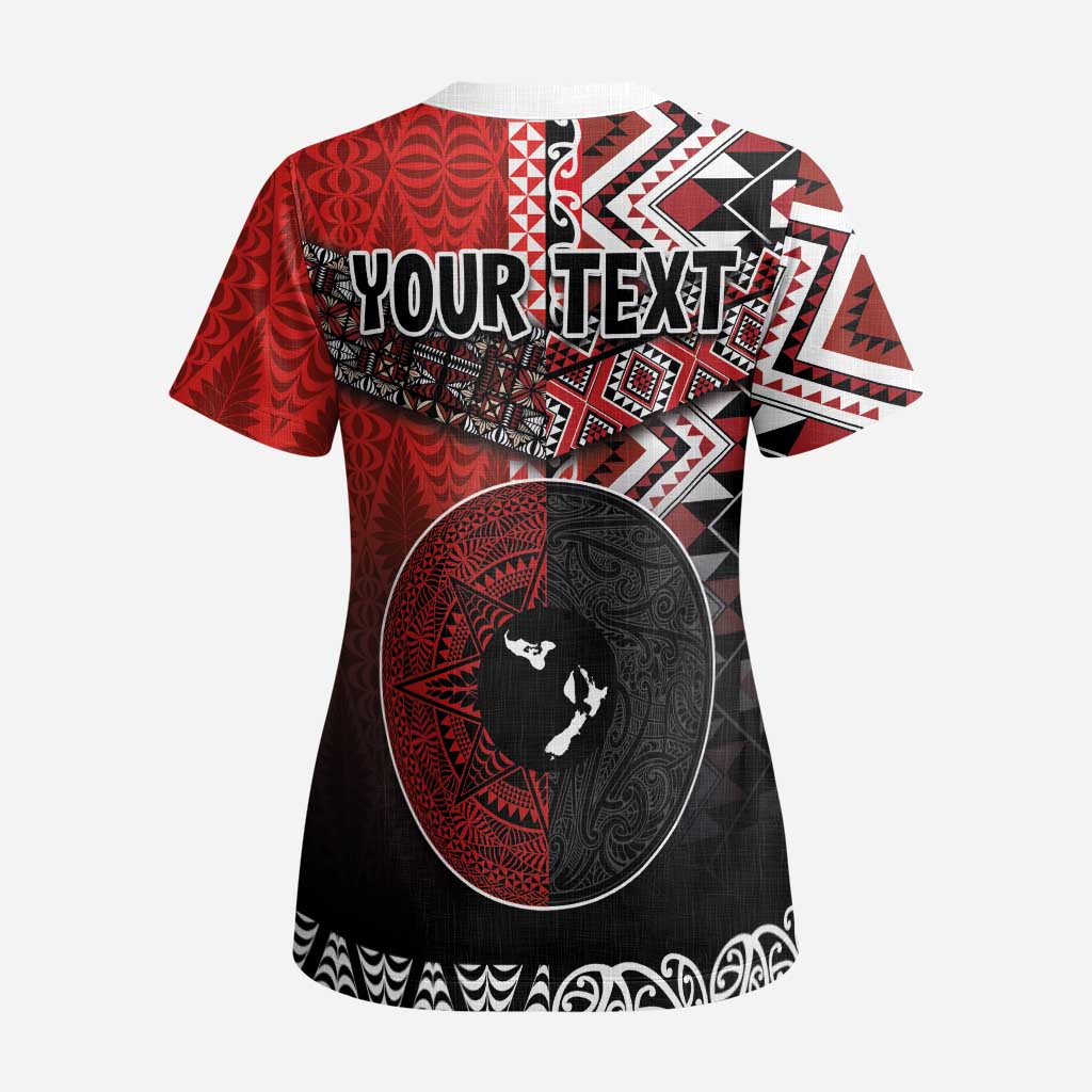 Personalised Aotearoa and Tonga Together Scrub Top Manaia and Tongan Tribal Cross - Taniko and Ngatu Art Tattoo LT03 - Polynesian Pride