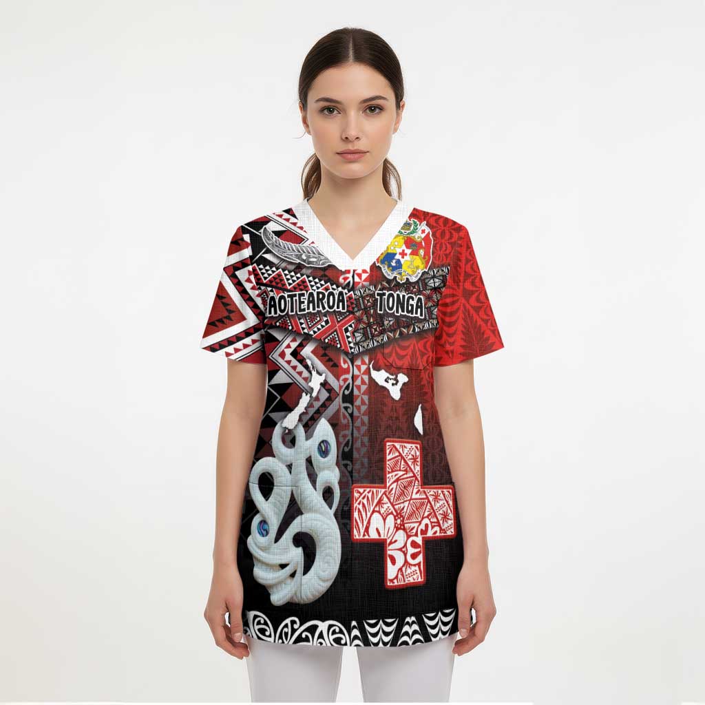 Personalised Aotearoa and Tonga Together Scrub Top Manaia and Tongan Tribal Cross - Taniko and Ngatu Art Tattoo LT03 - Polynesian Pride