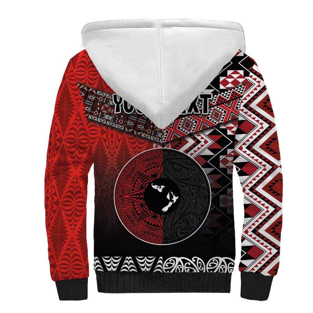 Personalised Aotearoa and Tonga Together Sherpa Hoodie Manaia and Tongan Tribal Cross - Taniko and Ngatu Art Tattoo LT03 - Polynesian Pride