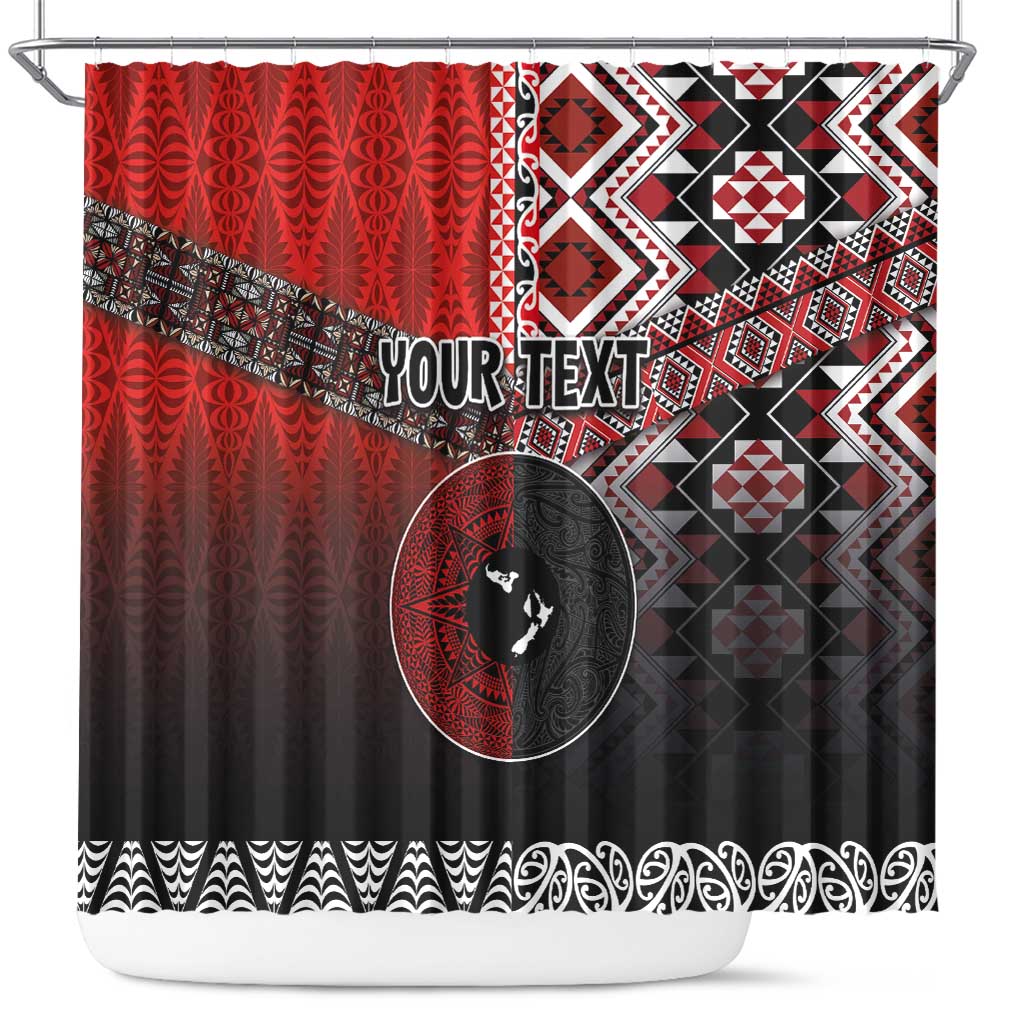 Personalised Aotearoa and Tonga Together Shower Curtain Manaia and Tongan Tribal Cross - Taniko and Ngatu Art Tattoo LT03 Red - Polynesian Pride
