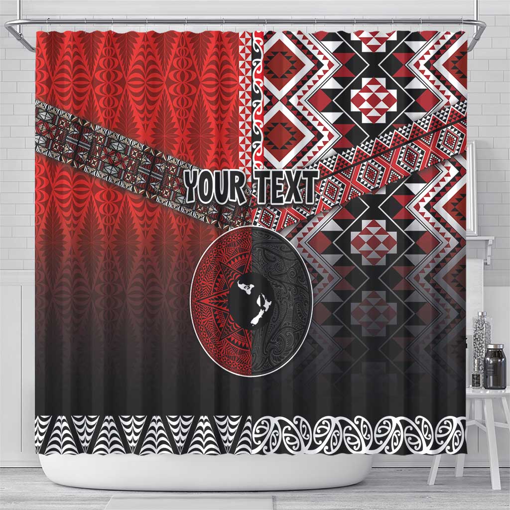 Personalised Aotearoa and Tonga Together Shower Curtain Manaia and Tongan Tribal Cross - Taniko and Ngatu Art Tattoo LT03 - Polynesian Pride