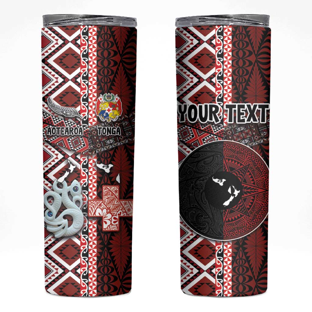 Personalised Aotearoa and Tonga Together Skinny Tumbler Manaia and Tongan Tribal Cross - Taniko and Ngatu Art Tattoo LT03 Red - Polynesian Pride