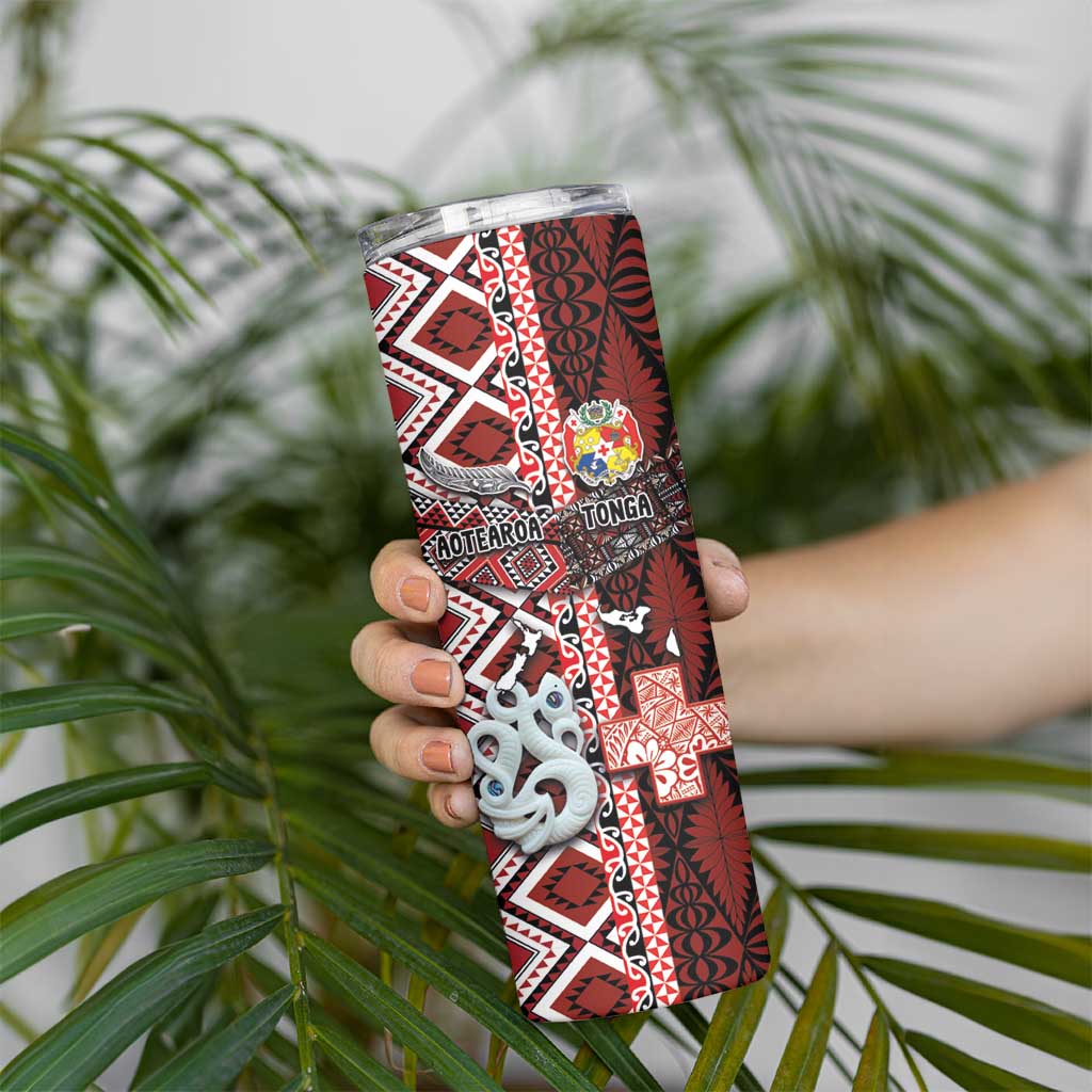 Personalised Aotearoa and Tonga Together Skinny Tumbler Manaia and Tongan Tribal Cross - Taniko and Ngatu Art Tattoo LT03 - Polynesian Pride
