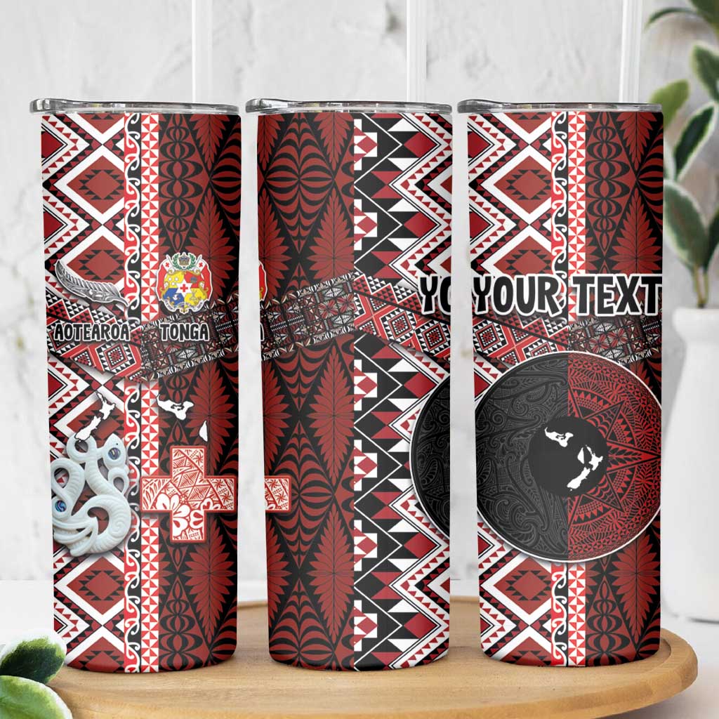 Personalised Aotearoa and Tonga Together Skinny Tumbler Manaia and Tongan Tribal Cross - Taniko and Ngatu Art Tattoo LT03 - Polynesian Pride