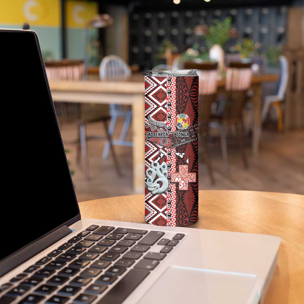Personalised Aotearoa and Tonga Together Skinny Tumbler Manaia and Tongan Tribal Cross - Taniko and Ngatu Art Tattoo LT03 - Polynesian Pride