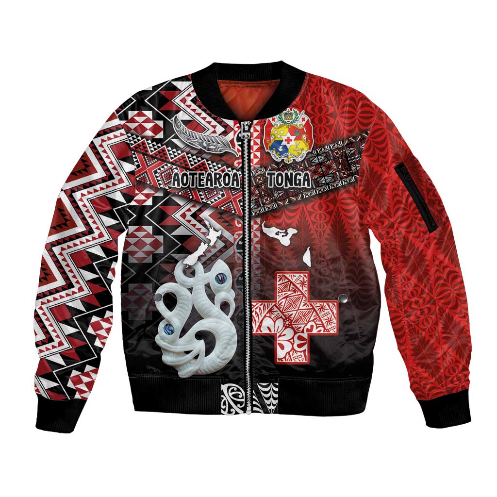 Personalised Aotearoa and Tonga Together Sleeve Zip Bomber Jacket Manaia and Tongan Tribal Cross - Taniko and Ngatu Art Tattoo LT03 Unisex Red - Polynesian Pride
