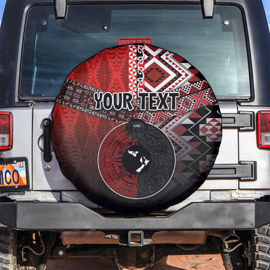 Personalised Aotearoa and Tonga Together Spare Tire Cover Manaia and Tongan Tribal Cross - Taniko and Ngatu Art Tattoo LT03 Red - Polynesian Pride