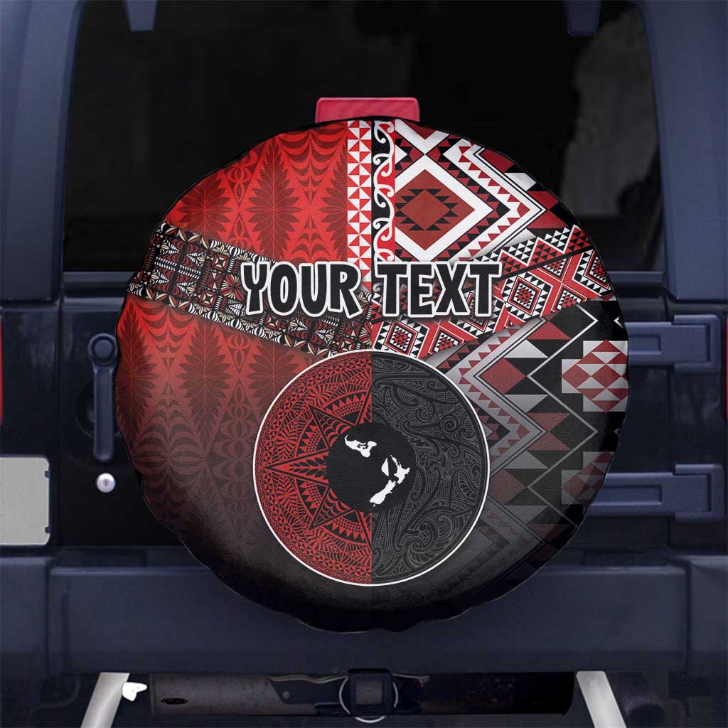 Personalised Aotearoa and Tonga Together Spare Tire Cover Manaia and Tongan Tribal Cross - Taniko and Ngatu Art Tattoo LT03 No hole Red - Polynesian Pride