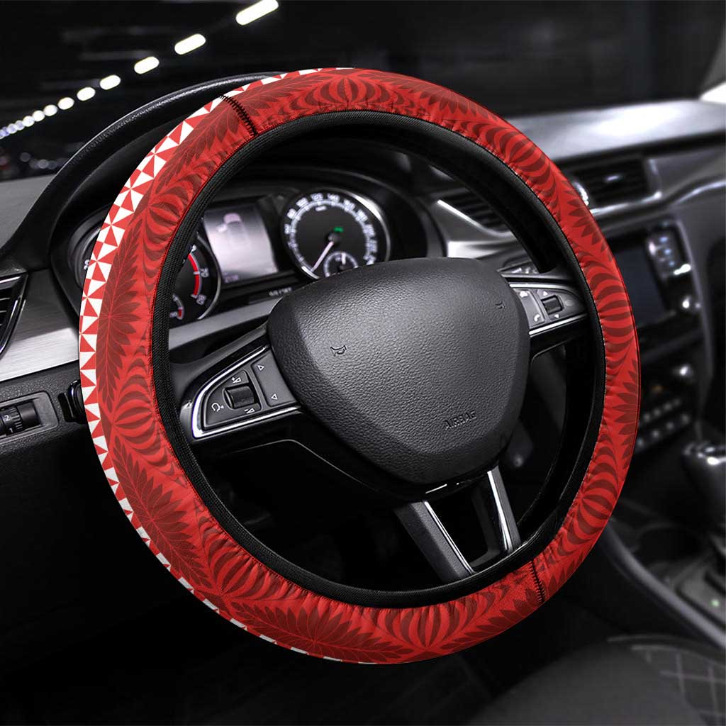 Aotearoa and Tonga Together Steering Wheel Cover Manaia and Tongan Tribal Cross - Taniko and Ngatu Art Tattoo LT03 Universal Fit Red - Polynesian Pride