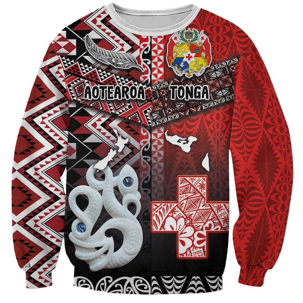 Personalised Aotearoa and Tonga Together Sweatshirt Manaia and Tongan Tribal Cross - Taniko and Ngatu Art Tattoo LT03 Unisex Red - Polynesian Pride