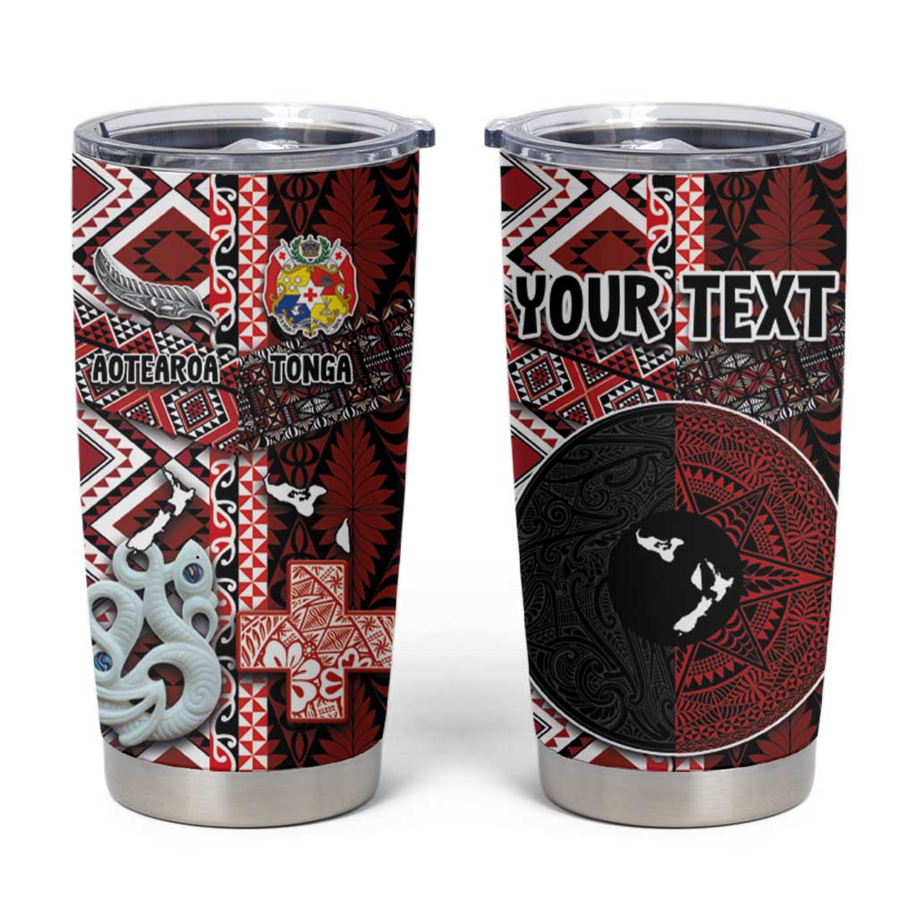 Personalised Aotearoa and Tonga Together Tumbler Cup Manaia and Tongan Tribal Cross - Taniko and Ngatu Art Tattoo LT03 Red - Polynesian Pride