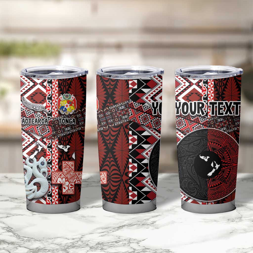 Personalised Aotearoa and Tonga Together Tumbler Cup Manaia and Tongan Tribal Cross - Taniko and Ngatu Art Tattoo LT03 - Polynesian Pride