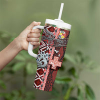 Personalised Aotearoa and Tonga Together Tumbler With Handle Manaia and Tongan Tribal Cross - Taniko and Ngatu Art Tattoo LT03 - Polynesian Pride