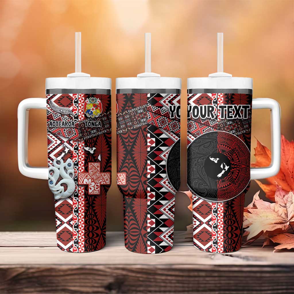 Personalised Aotearoa and Tonga Together Tumbler With Handle Manaia and Tongan Tribal Cross - Taniko and Ngatu Art Tattoo LT03 - Polynesian Pride