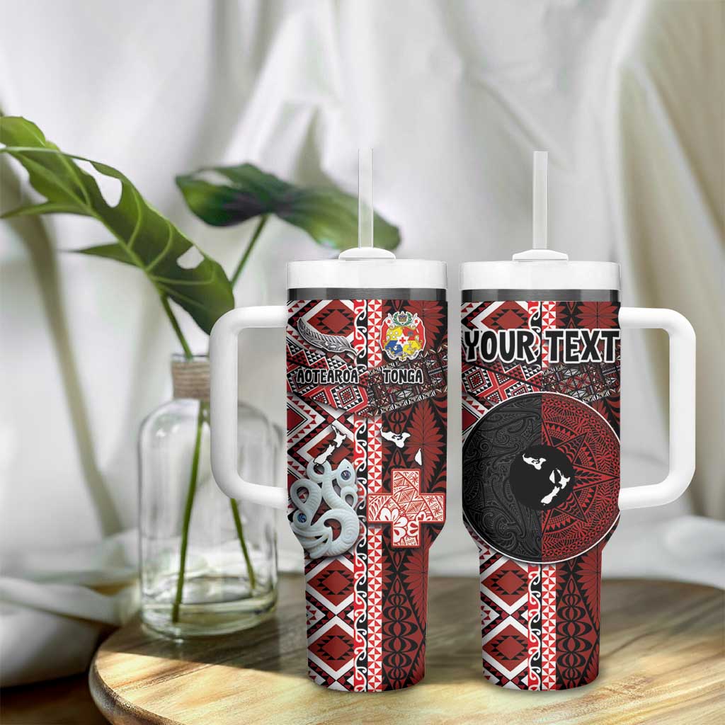 Personalised Aotearoa and Tonga Together Tumbler With Handle Manaia and Tongan Tribal Cross - Taniko and Ngatu Art Tattoo LT03 - Polynesian Pride