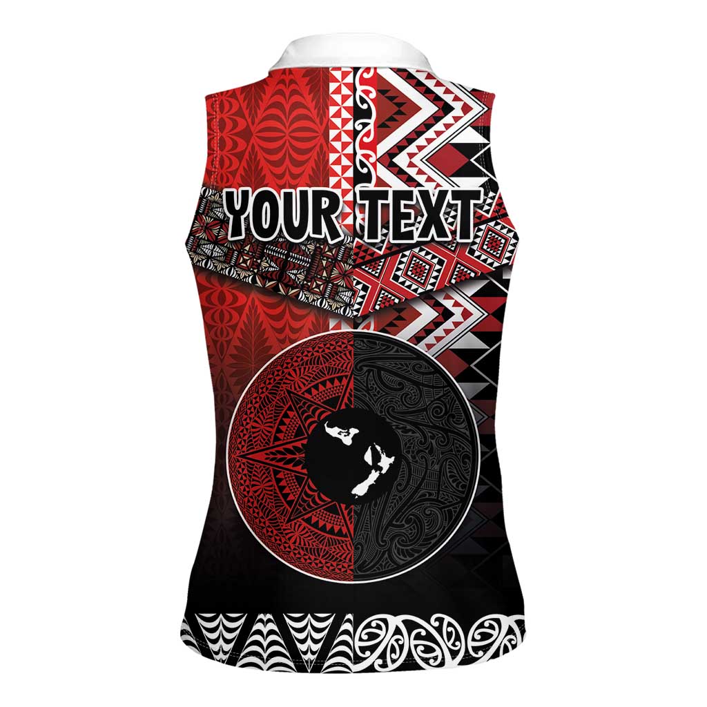 Personalised Aotearoa and Tonga Together Women Sleeveless Polo Shirt Manaia and Tongan Tribal Cross - Taniko and Ngatu Art Tattoo LT03 - Polynesian Pride