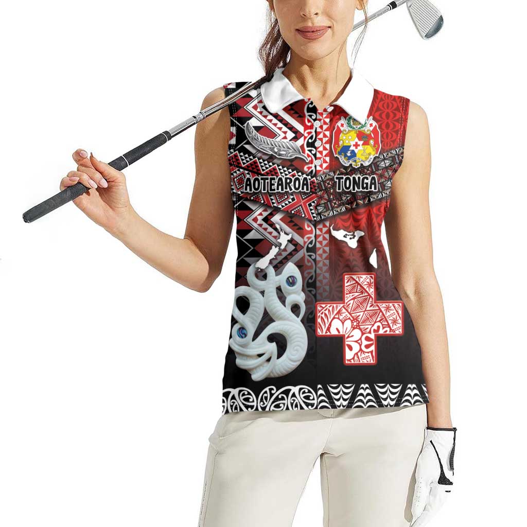 Personalised Aotearoa and Tonga Together Women Sleeveless Polo Shirt Manaia and Tongan Tribal Cross - Taniko and Ngatu Art Tattoo LT03 - Polynesian Pride