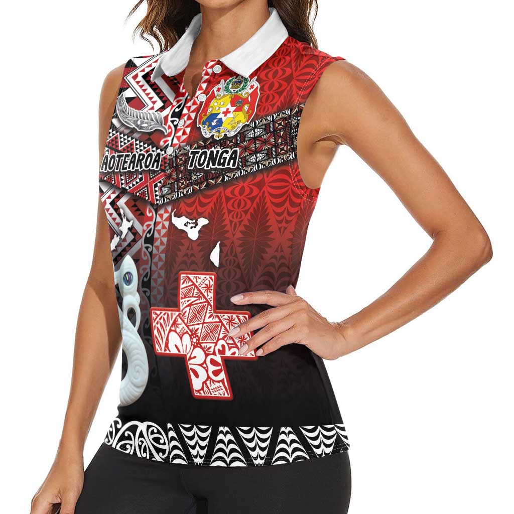 Personalised Aotearoa and Tonga Together Women Sleeveless Polo Shirt Manaia and Tongan Tribal Cross - Taniko and Ngatu Art Tattoo LT03 - Polynesian Pride