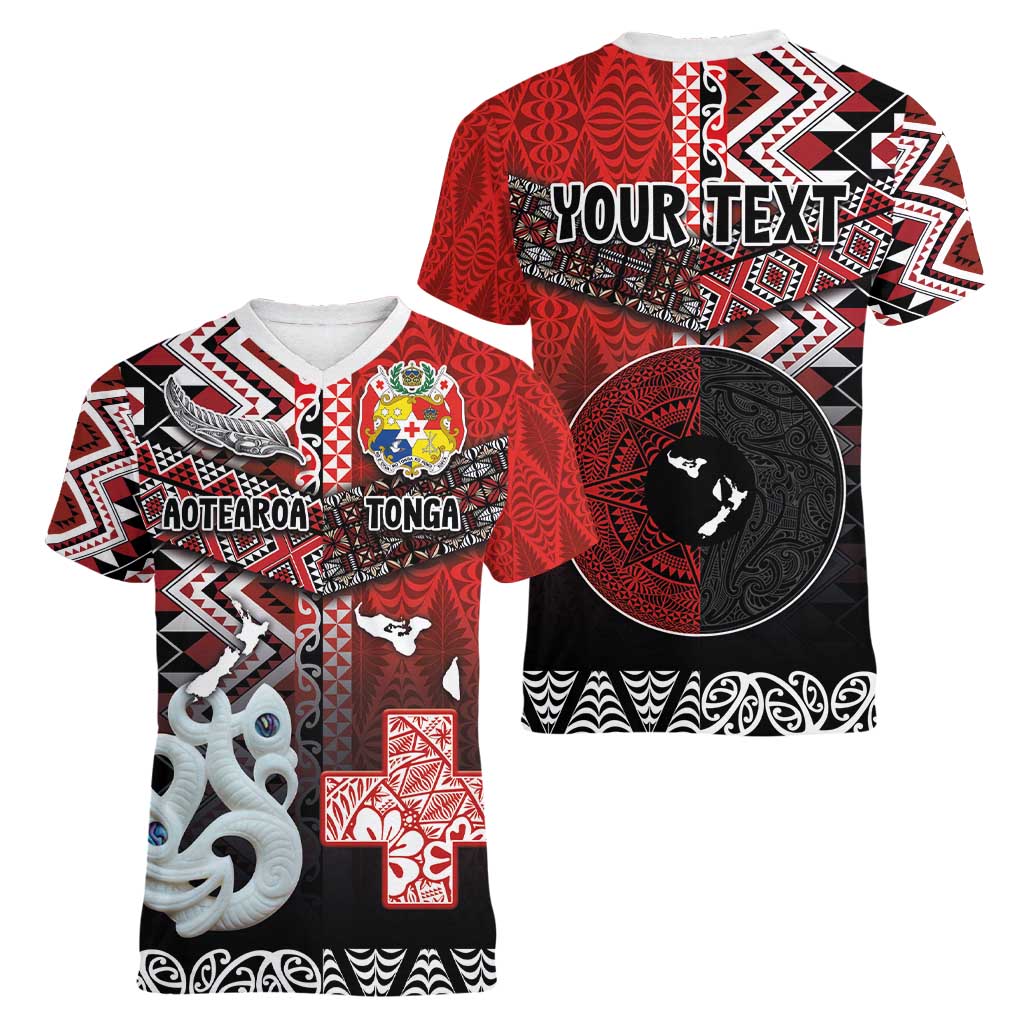 Personalised Aotearoa and Tonga Together Women V-Neck T-Shirt Manaia and Tongan Tribal Cross - Taniko and Ngatu Art Tattoo LT03 - Polynesian Pride
